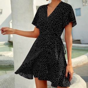 ❗️LAST CHANCE❗️ White Fox Navy Polka Dot Mini Wrap Dress